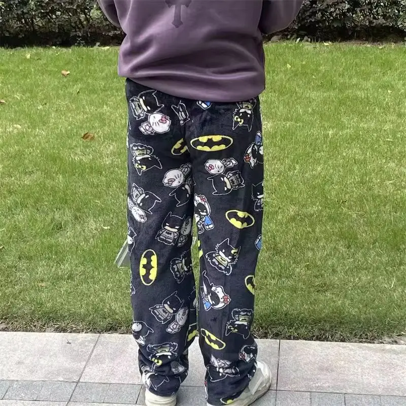 Novo sanrio y2k outono hellokitty batman calças de pijama dos desenhos animados hip hop senhoras quente casual pelúcia estilo natal flanela bonito calças