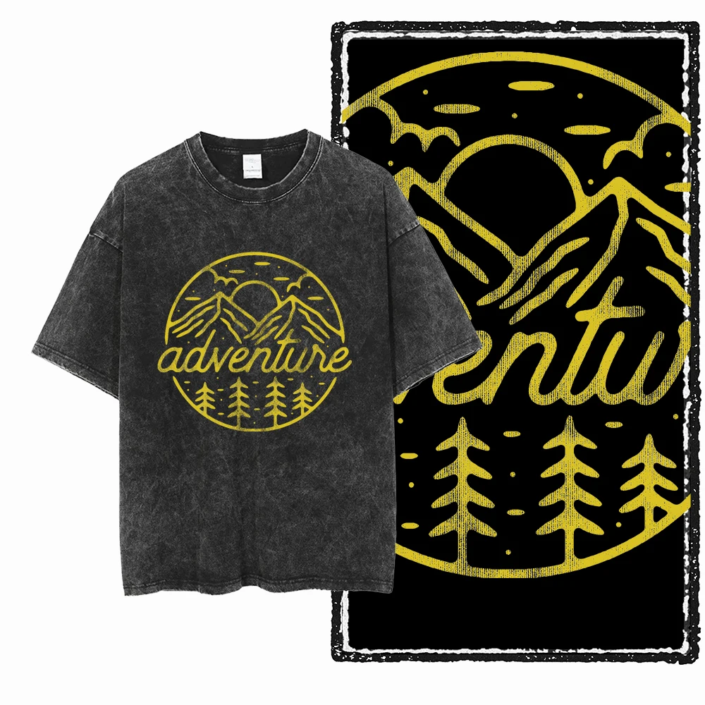 Camiseta Unisex con estampado de tema YA ADVENTURE, camiseta Unisex con gráfico exclusivo lavado con ácido de algodón, ropa informal fresca, camisetas para hombres, camiseta de talla grande para hombres