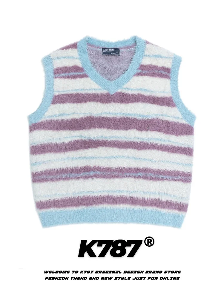 

K787 Vintage American Retro Striped V-Neck Knitted Vest Unisex Couple's Sweater Loose Fit Casual Wear Nylon Fiber Winter