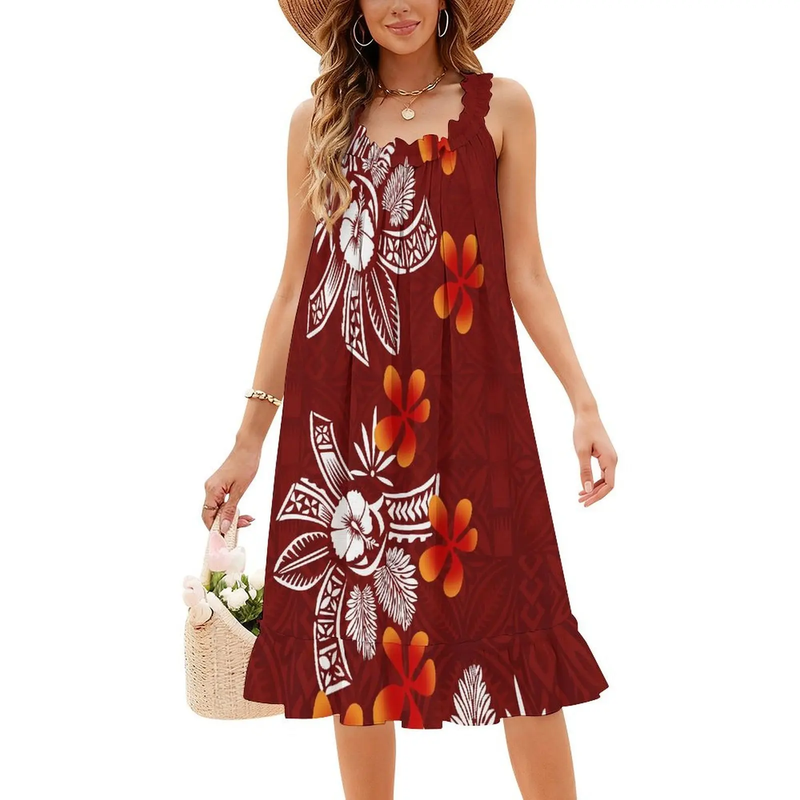 Polynesian Custom-Made Summer Round-Neck Short-Sleeved Dress With Lace Collar Design And Sleeveless Halter Dress For Women