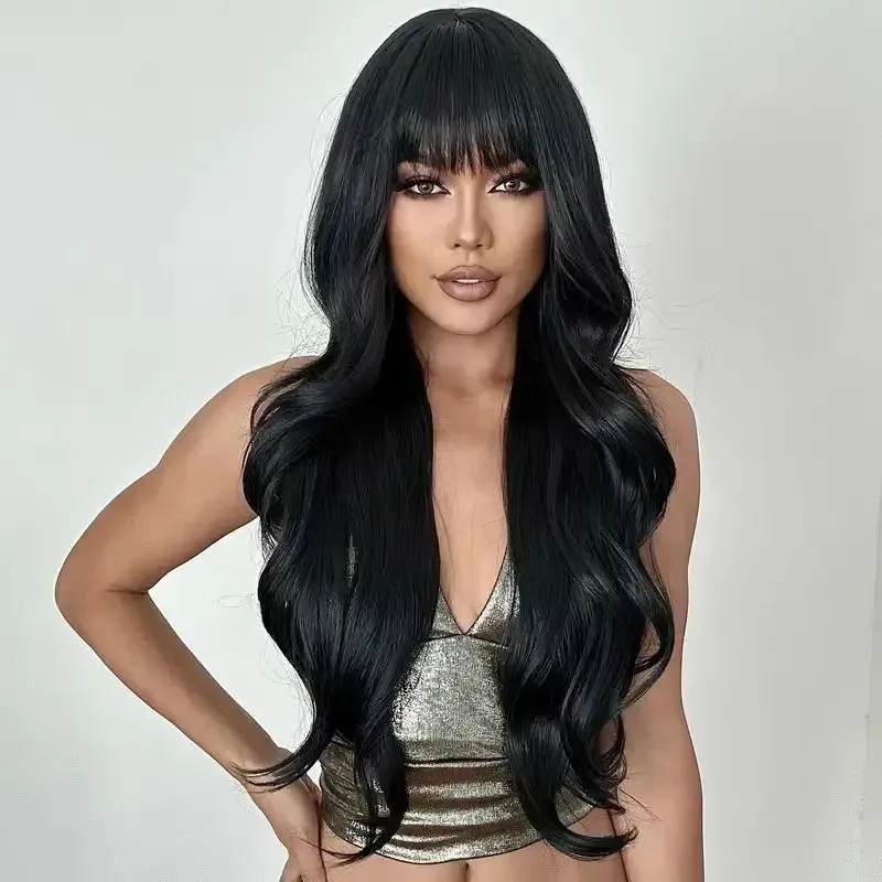 

Парик Новая мода Коричневый синтетический парик с челкой Длинные вьющиеся волосы Парик с большой волной Женский высокотемпературный шелковый комплект головы Парик