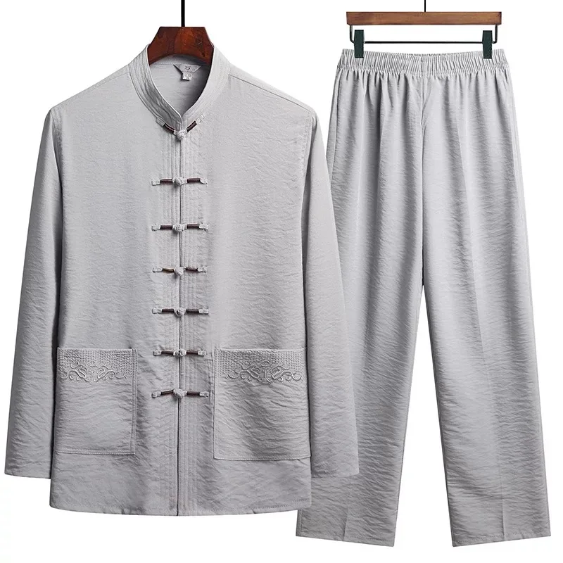 Men Chinese Traditional Set Man Autumn Buckle Kung Fu Shirt Oriental Retro Top +Pants Tai Chi Breathable Uniforms Hanfu Sets