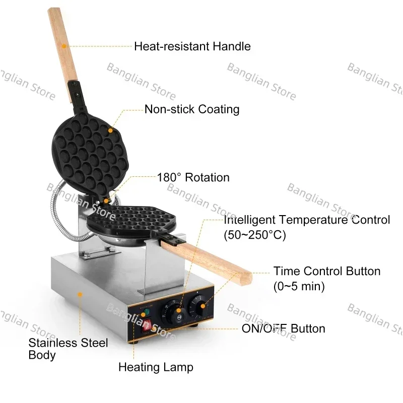 Electric Bubble Waffle Maker, Egg Waffle Machine, 360 Rotated, Stainless Steel, Non-Stick, Commercial Eggettes Puff Cake, 1400W