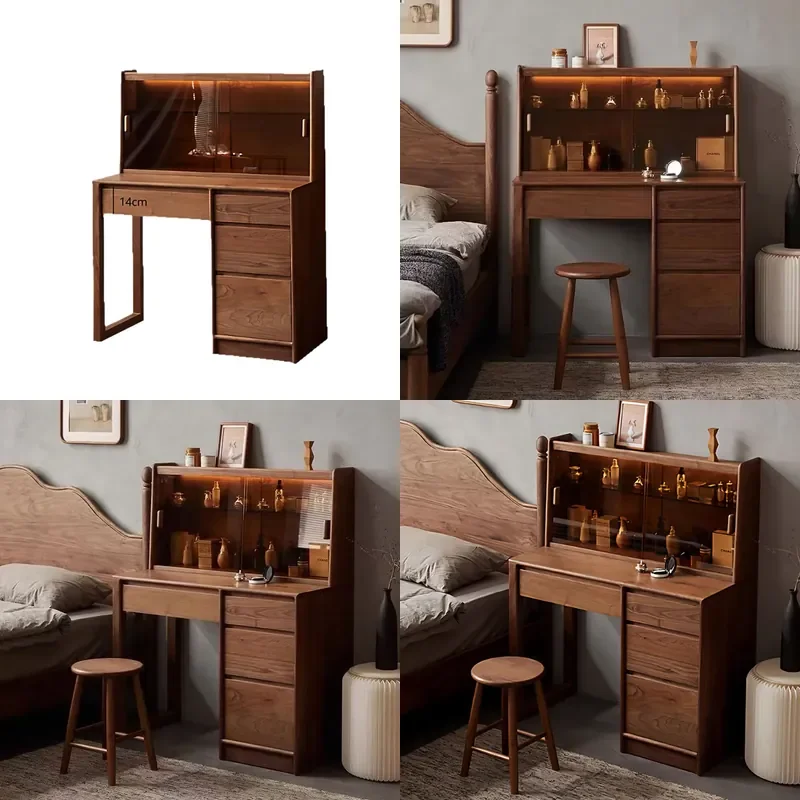 Nordic Solid Wood Dresser with Integrated Vanity Table Black Walnut Cherry Bedroom Storage Chest Makeup Desk