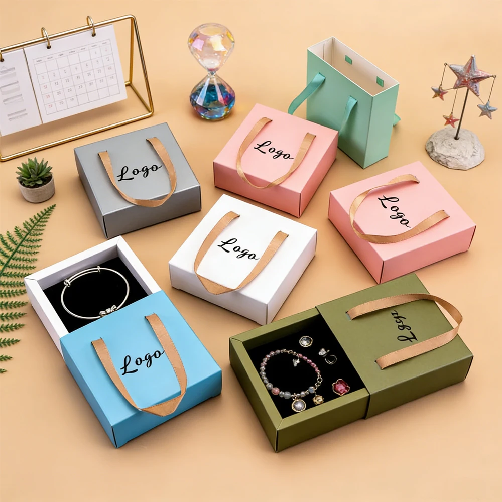 

Custom Logo Luxury Sliding Drawer Paper Jewelry Box with Ribbon 10*10*3.5cm Jewellery Ring Earrings Cosmetic Set Packaging Boxes