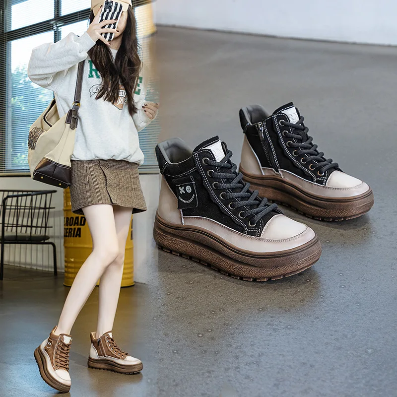 Women's shoes slim boots round toe lace up side zipper boots 2026 popular cotton shoes casual short boots