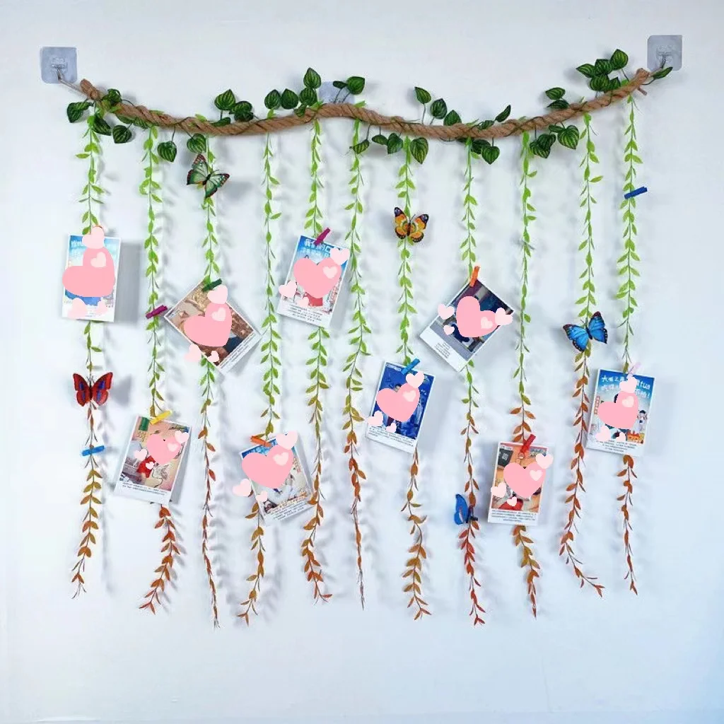 Photo wall Photo Storage Wall decoration Storage Creative clip twine simulation rattan leaf self-adhesive ring creation hanging