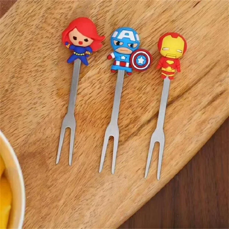 8pcs Marvel Avengers Anime Figure Hero Cartoon Kids Fruit Forks Stainless Steel Dessert Party Fork Sets Kawaii Lunch Decoration