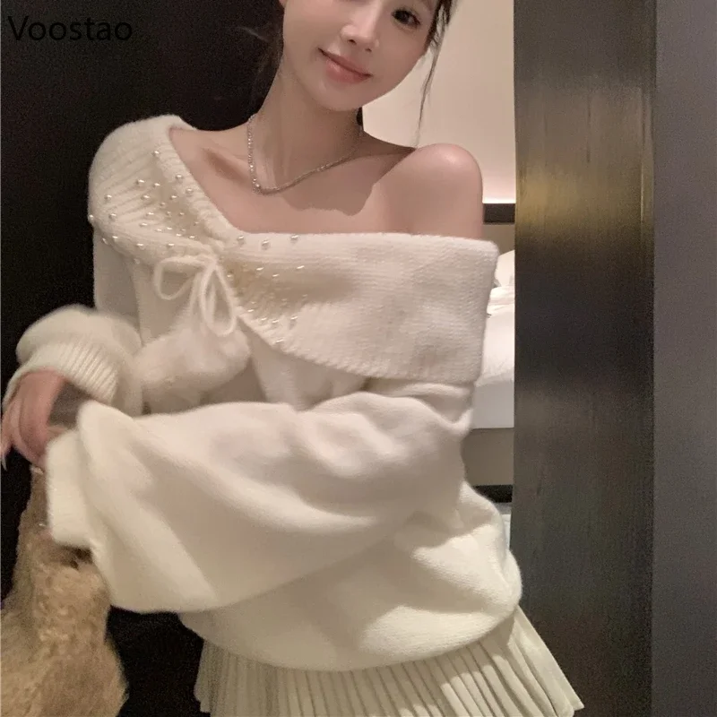 Autumn Winter Harajuku Knitted Sweaters Off Shoulder Long Sleeves Pearls Plush Ball Sexy Pullovers Female Fashion Knitwear Tops