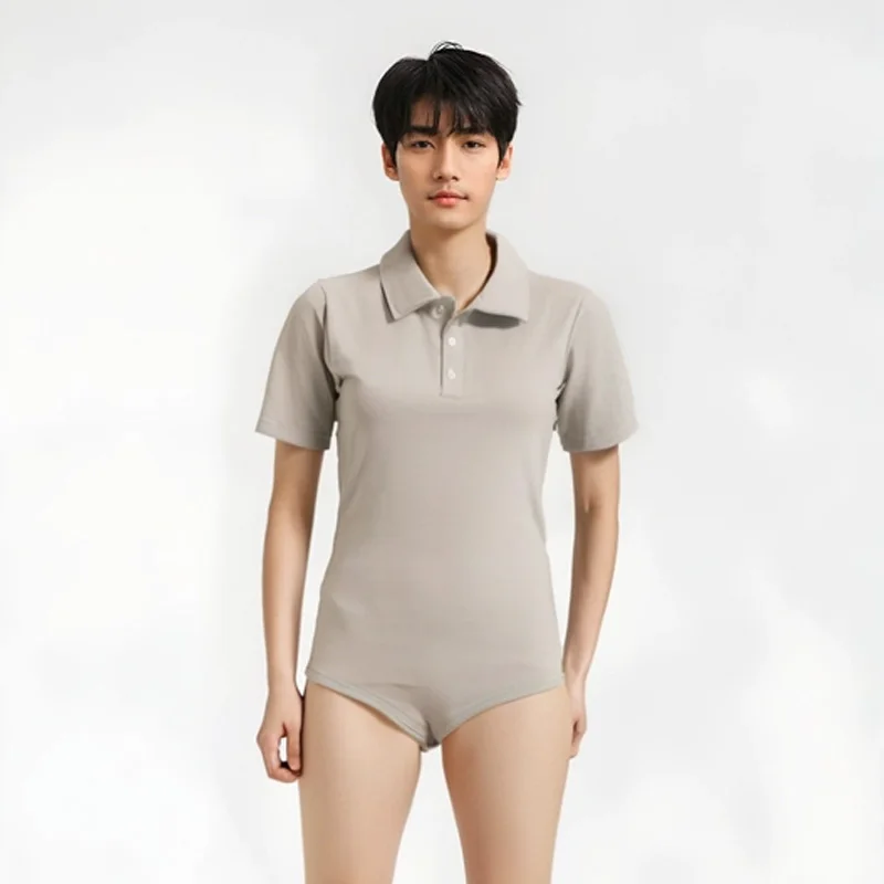 

Men's Adult Pure Cotton Grey Bodysuit /Women Adult Lapel Onesie/Adult Polo Bodysuit/ABDL Soft Comfortable Couple Home Playsuits