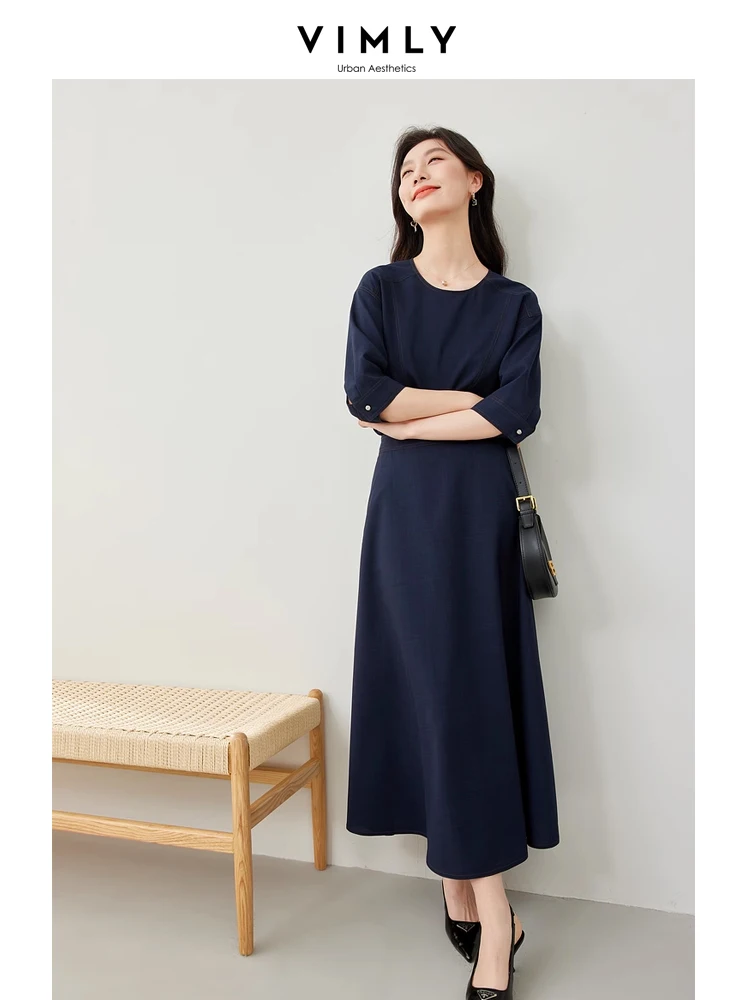 Vimly Two Piece Sets for Women Spring Elegant Outfits 2024 Simple Fashion Navy Blouse Elastic Waist Maxi Skirt Sets Woman M6250