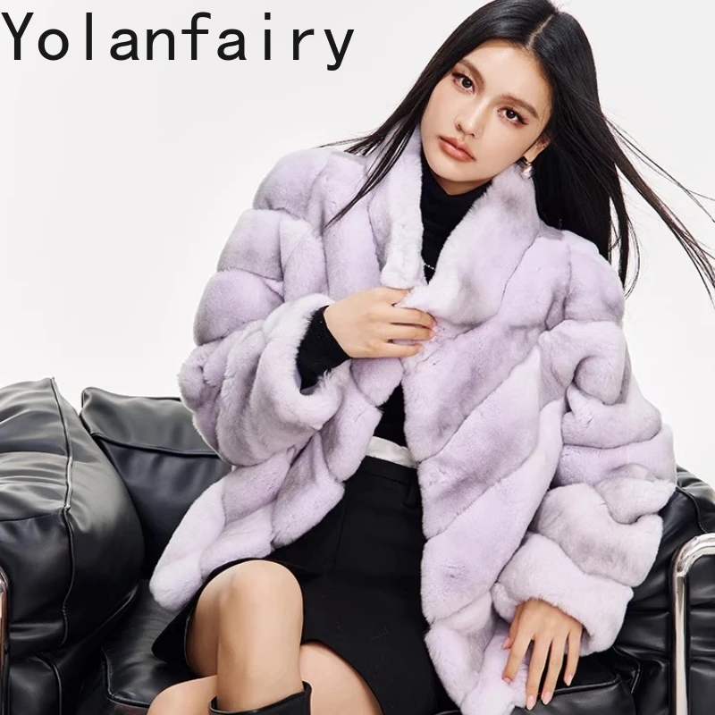 YOLANFAIRY Jesienno-zimowa kurtka z krótkim futrem z importowanego futra królika rex z motywem Totora, damska, ze stójką, do pracy, шуба 2025