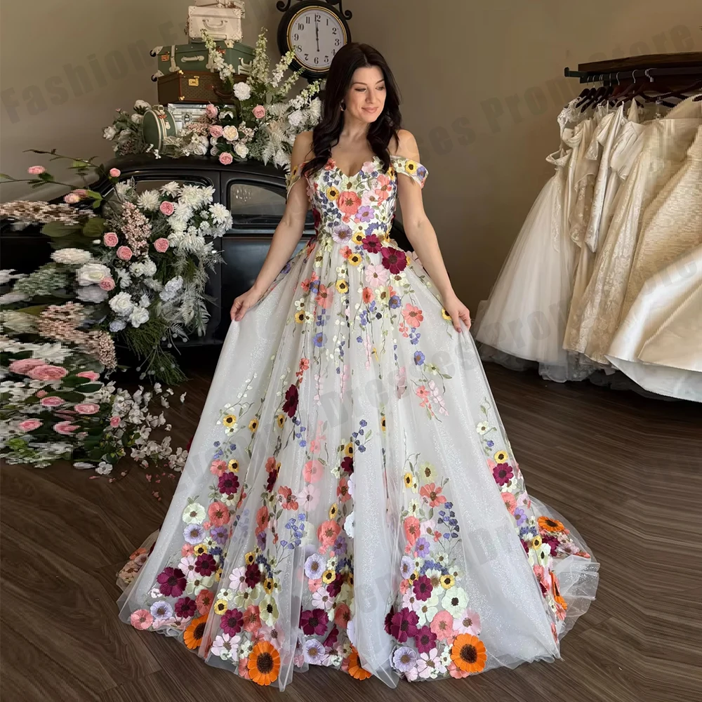 Colorful Floral Embroidered Prom Dresses Dreamy 3D Floral Princess Wedding Gown Off Shoulder A-Line Tulle Bridal Gowns Customizd