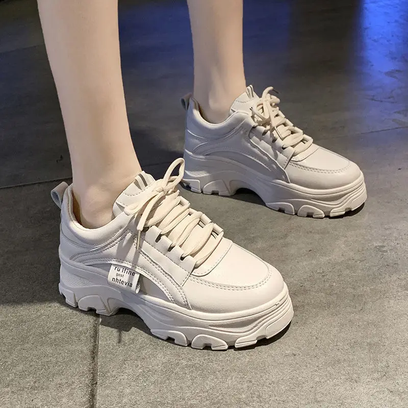 Fashion White Split Leather Women Chunky Sneakers White Shoes Lace Up Tenis Feminino Zapatos De Mujer Platform Women Casual Shoe