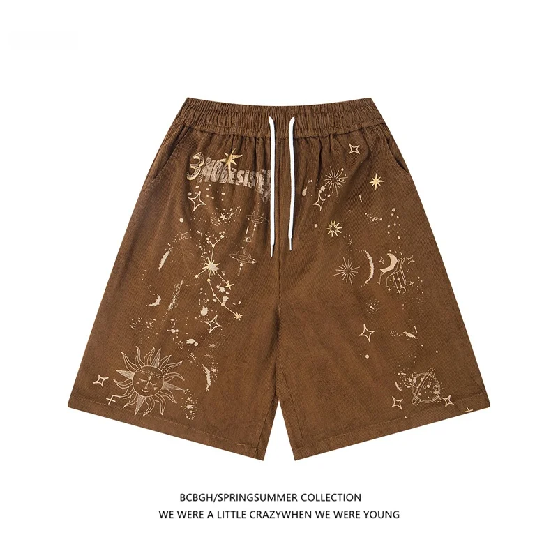 

Summer American Corduroy orts Loose Fit Star Moon Print ex Five-Point Pants Straight Leg Casual Trousers for Youth