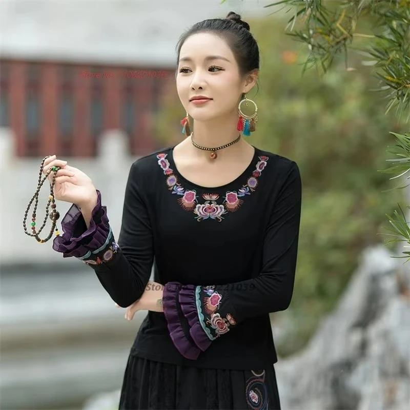 

2025 national flower embroidery folk t-shirt traditional o-neck folk shirt retro hanfu tops streetwear chinese ethnic base shirt