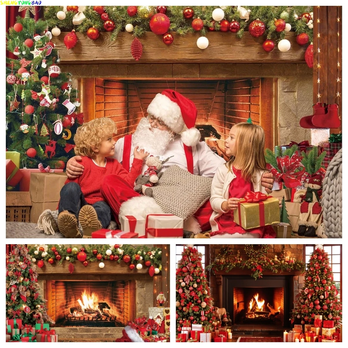 Weihnachten Kamin Hintergrund Winter Weihnachtsbaum Strumpf Geschenk Party Dekor Weihnachtsmann Familie Kind Porträt Hintergrund Foto Requisiten