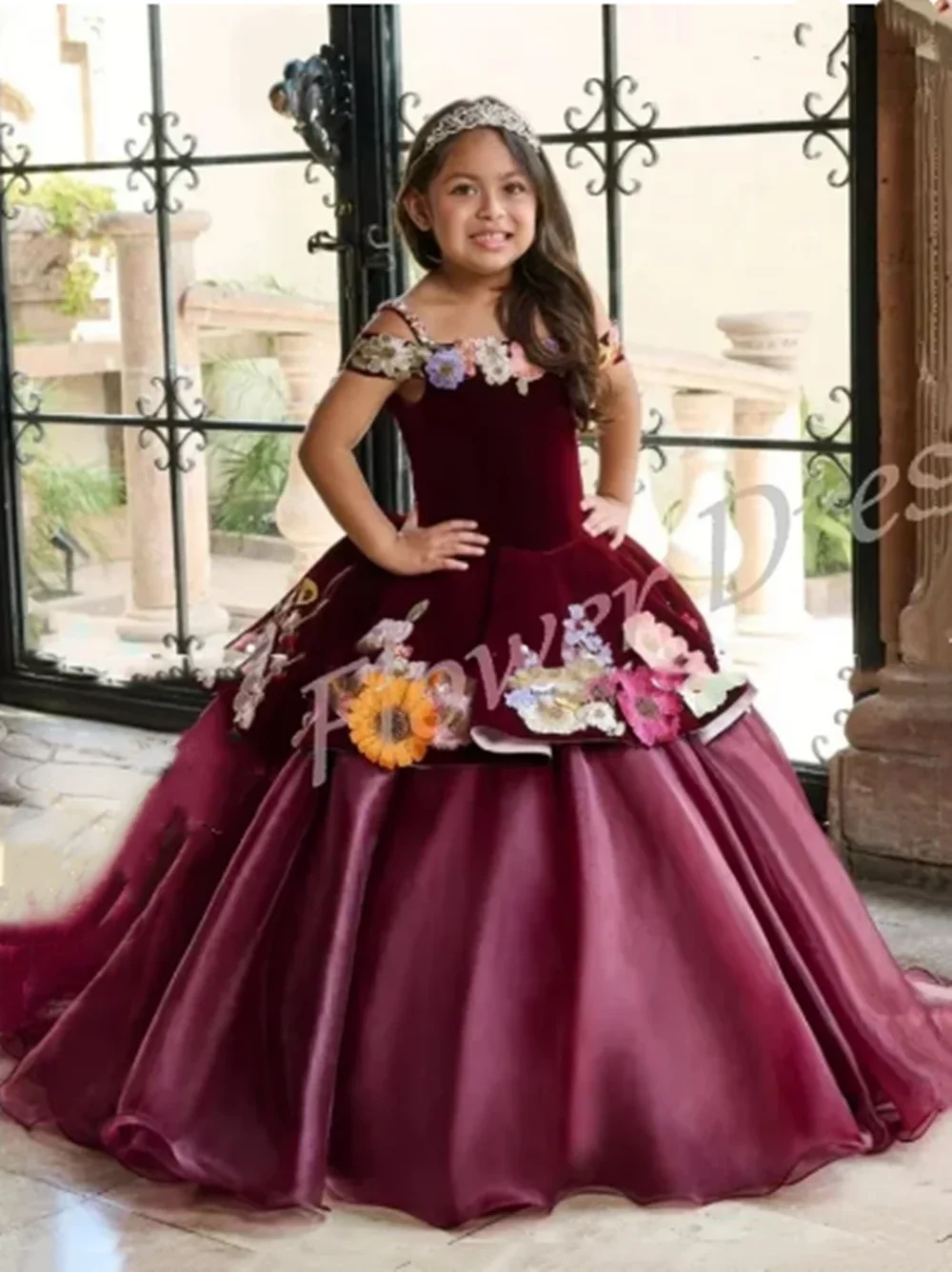 Vestidos morados con hombros descubiertos hasta el suelo para niña, vestidos de flores con apliques de encaje Floral, vestidos de primera comunión personalizados