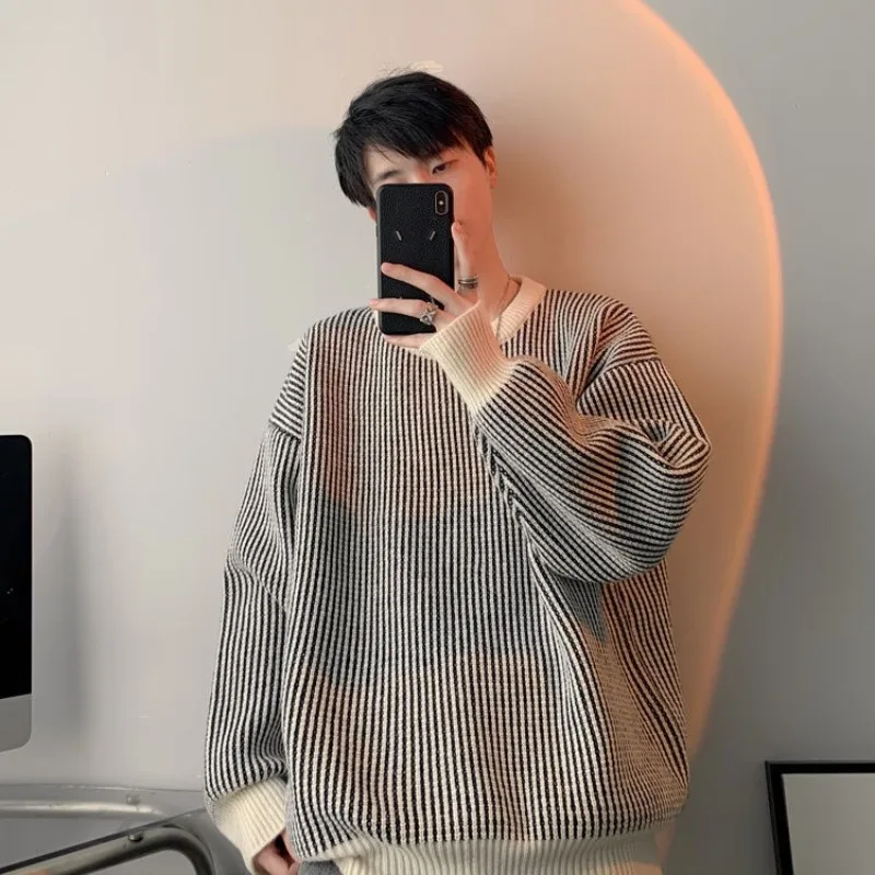 Lazy Style Pullovers Male Round Collar Striped Black Knitwear Leisure Cashmere Cheap Top Streetwear Cable Y2k Men's Knit Sweater