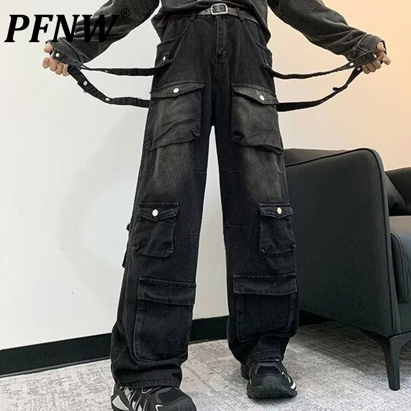 PFNW American Vintage Multi Pocket Workwear Jeans For Men Autmn 2024 New Loose Fit Belt Straight Leg Hip-hop Denim Pants 12C1139