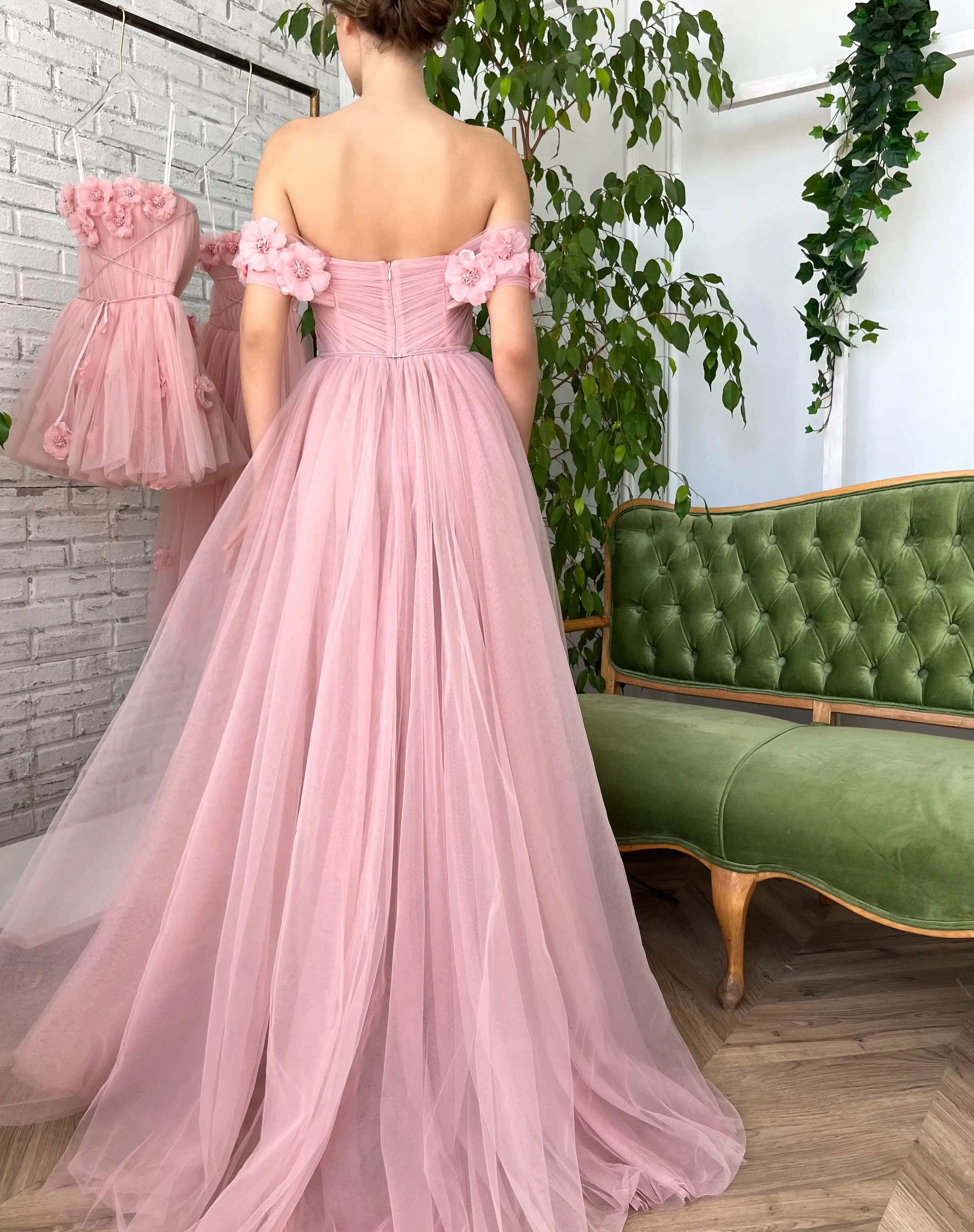 Luxury Handmade Flowers Tulle Graduation Dresses Off the Shoulder Backless High Slit Long Homecoming Dress Elegant Evening Gowns