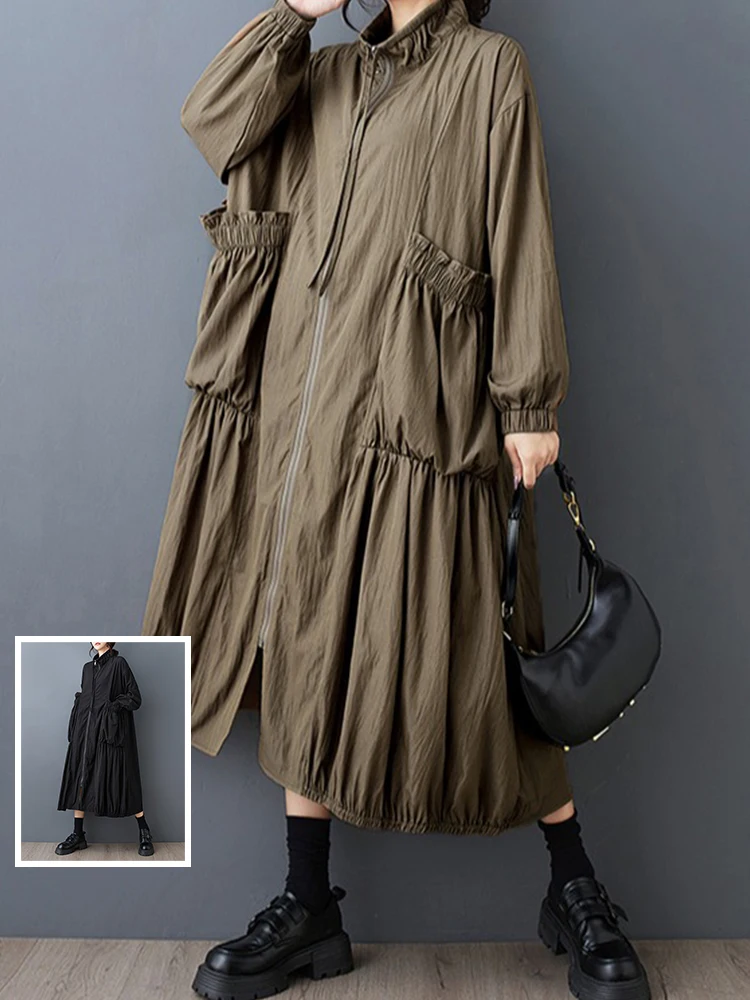 

Long Sve Zipper Stand Collar Pure Color Windbreaker Large Size Women's Faion Folds Design Coat with Big kets for Autumn