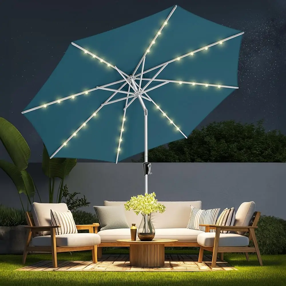 

9Ft Aluminum Patio Umbrella With Solar Lights - Led Outdoor Table Market Umbrella With 5-Year Fade Resistance,10-Year