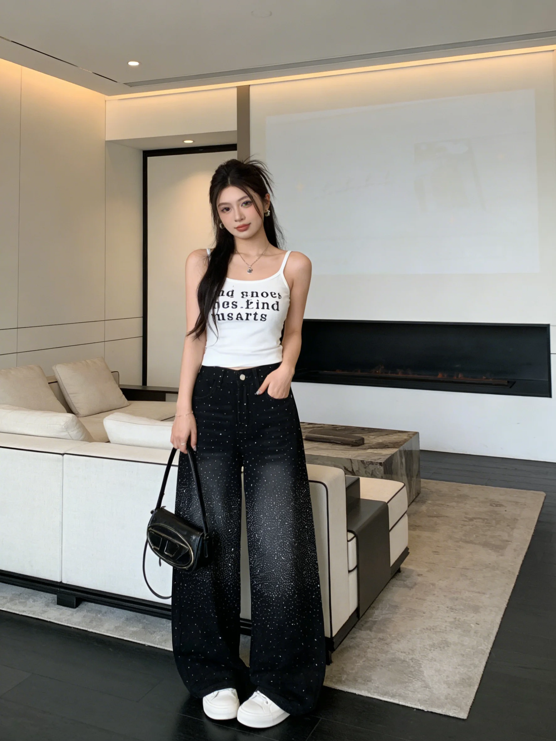 

Bla Korean Sle Starry Cowgirl Jeans Loose Floor-Length Wide Leg Pants Versatile Casual Jeans for Young Women