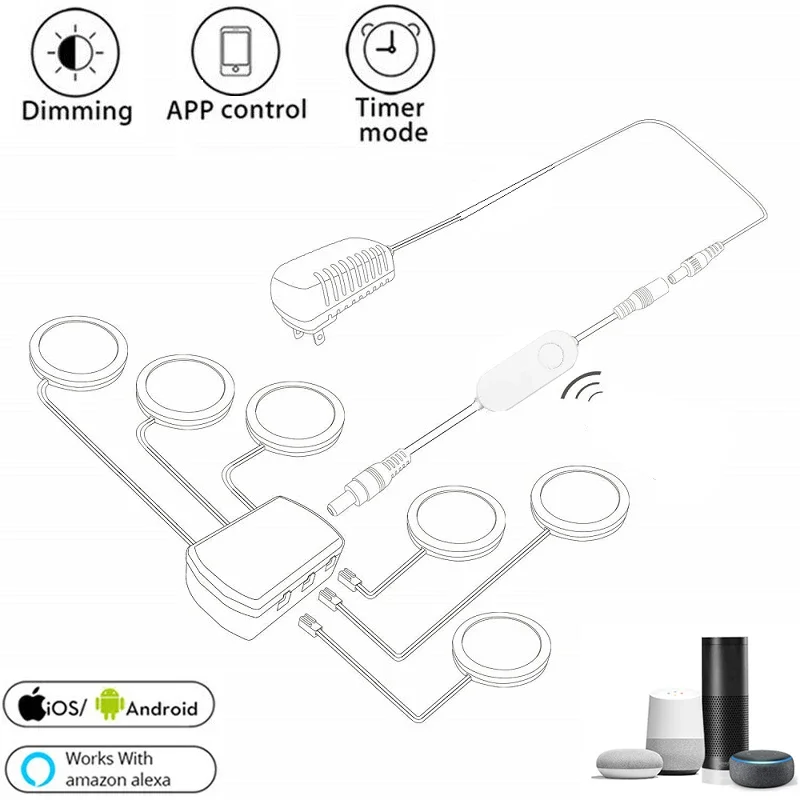 Tuya Wifi 12V LED Under Cabinet Lighting Dimming White/ Warm White Kitchen Counter Furniture Lighting Kit for Alexa Google Home