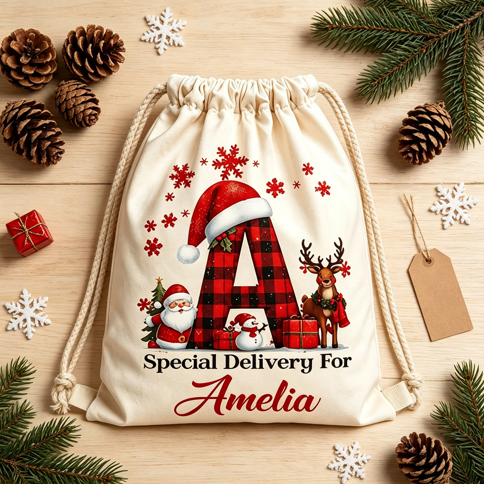Custom Name Initial Christmas Drawstring Bag Buffalo Plaid Letter Santa Reindeer Snowman Gift Sack Special Delivery Xmas Pouch