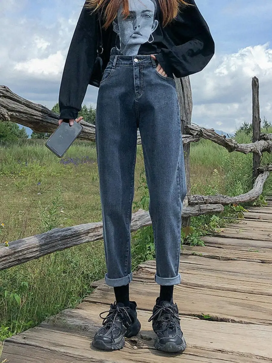 

Джинсы с высокой талией. Женские джинсы с синими глазами. Прямые свободные облегающие джинсы Pear Ape Meat Covering Nine Points New Sle Harem Carrot D...