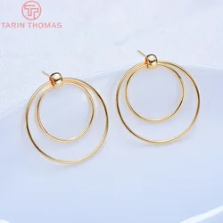 (2699)6PCS 26MM 24K Gold Color Plated Brass Round Double layer Stud Earrings High Quality DIY Jewelry Making Findings