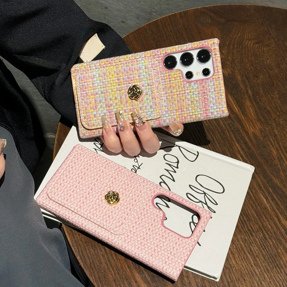 Camellia flower woven card shell for Samsung Galaxy S26 S25 S24 S23 S22 Plus Ultra shock-resistant and durable phone case