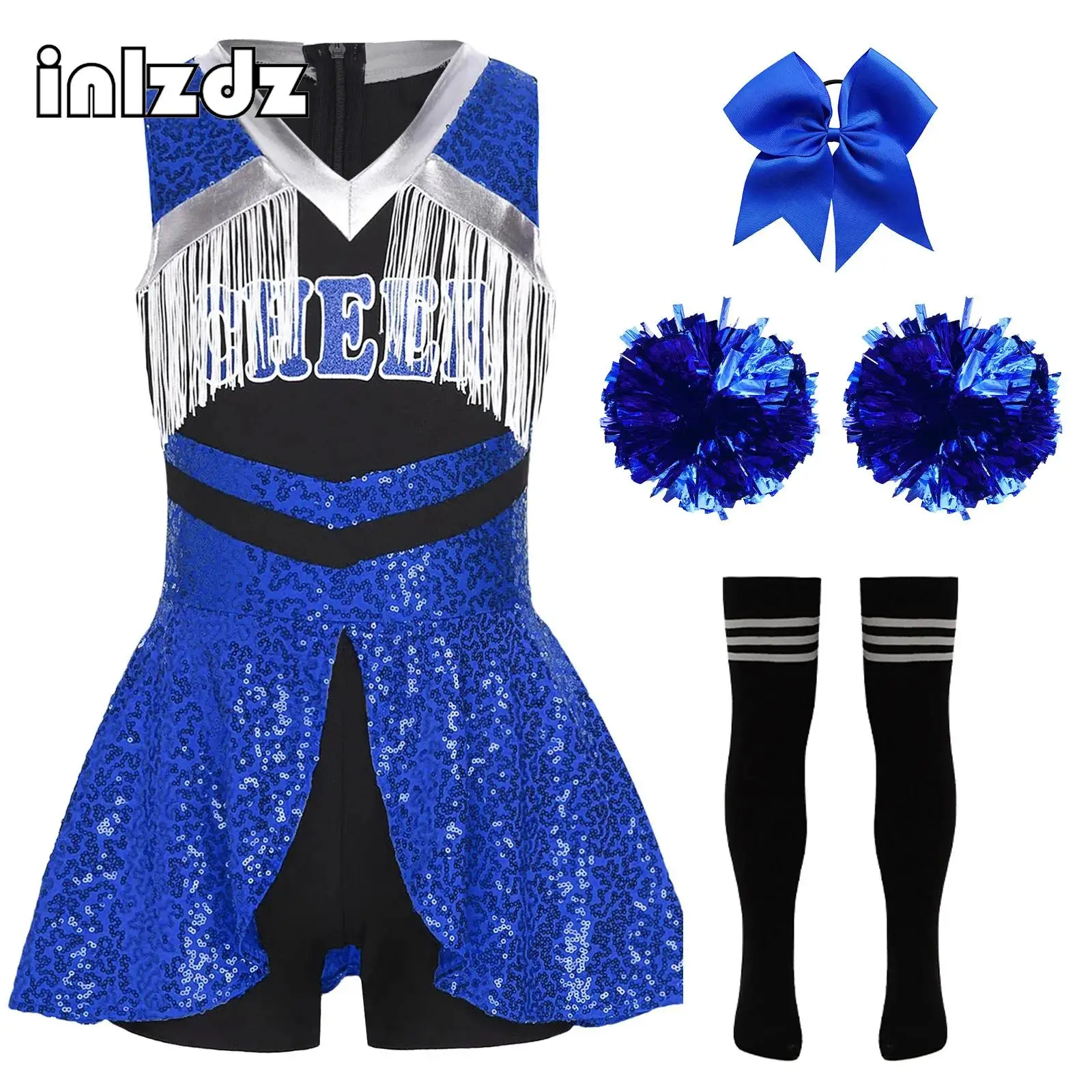 

Girls Cheer Leader Dance Outfit Set Shiny Sequins Tassels Bodysuit with Accessories Cheerleading Uniform Set for Halloween Party