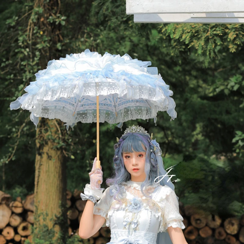 Lolita Handmade Butterflies El Dreams Versailles Christmas Light Blue Cosplay Flower Parasol Umbrella With Fan Paraguas Inverso