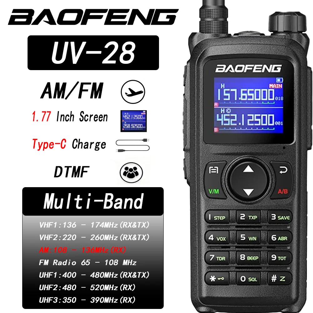 Baofeng UV-28 Long Range Ham Radio, Multi-Band Two Way Radio with Type-C Charging & Frequency Copy