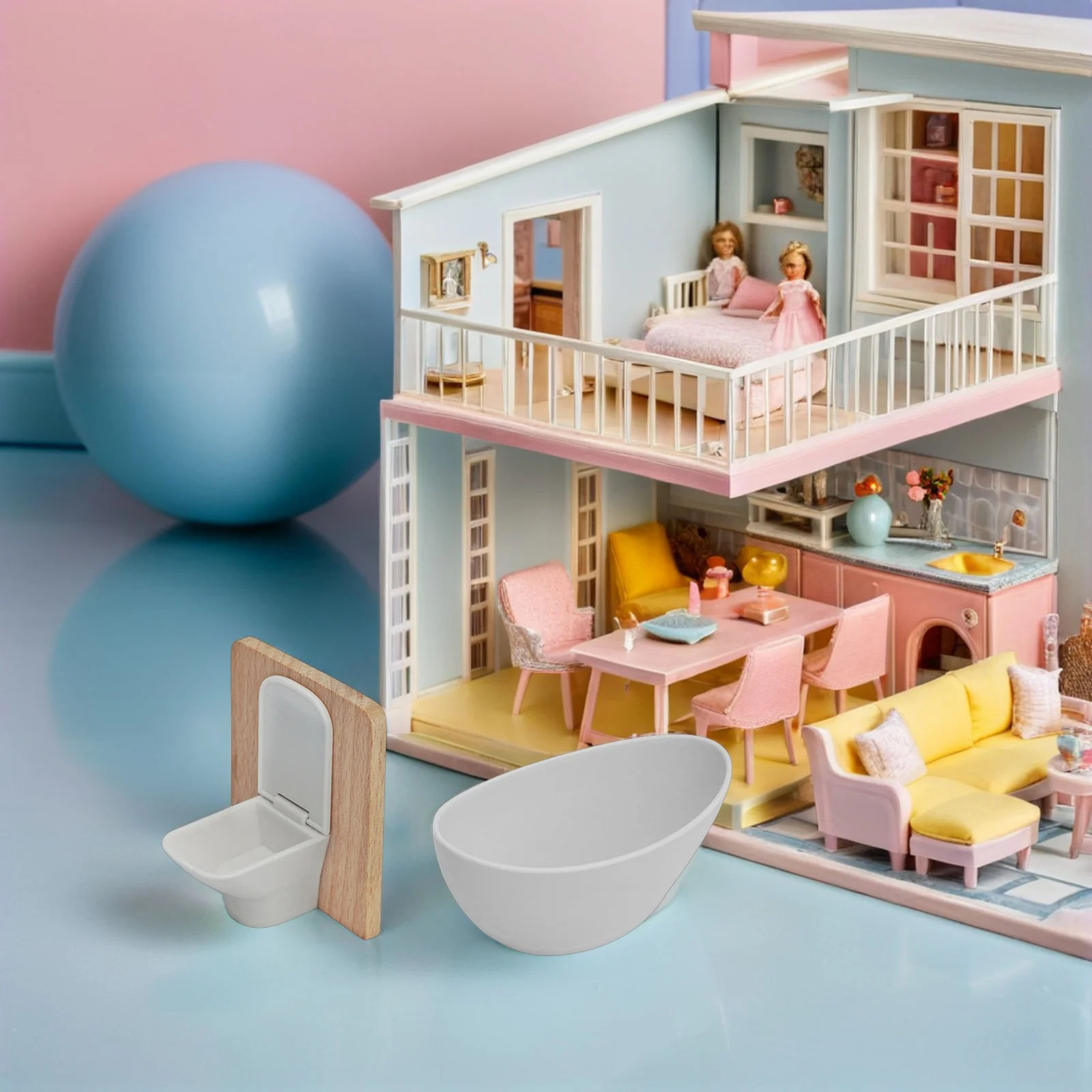 1Set Set Kamar Mandi Miniatur 1:12 Toilet Realistis Wastafel Kamar Mandi Aksesori Bermain Peran untuk Bermain Peran Kreatif