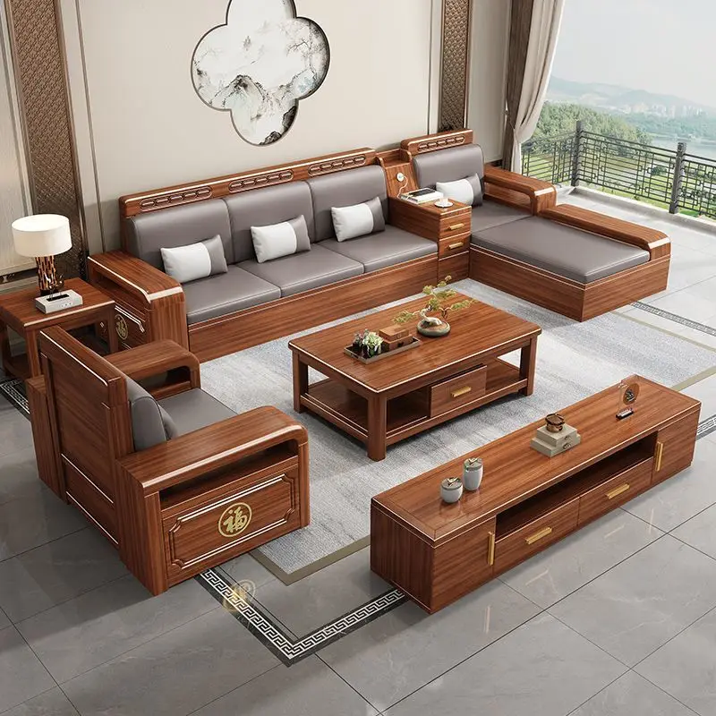 

New Chinese walnut solid wood sofa combination winter and summer modern dual-purpose storage living room small apartment