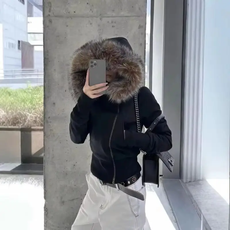 Fashion Autumn and Winter Hooded Fur Collar Plush Inner Lining Short Hoodie Jacket Women's Slimming Zipper Coat Cardigan
