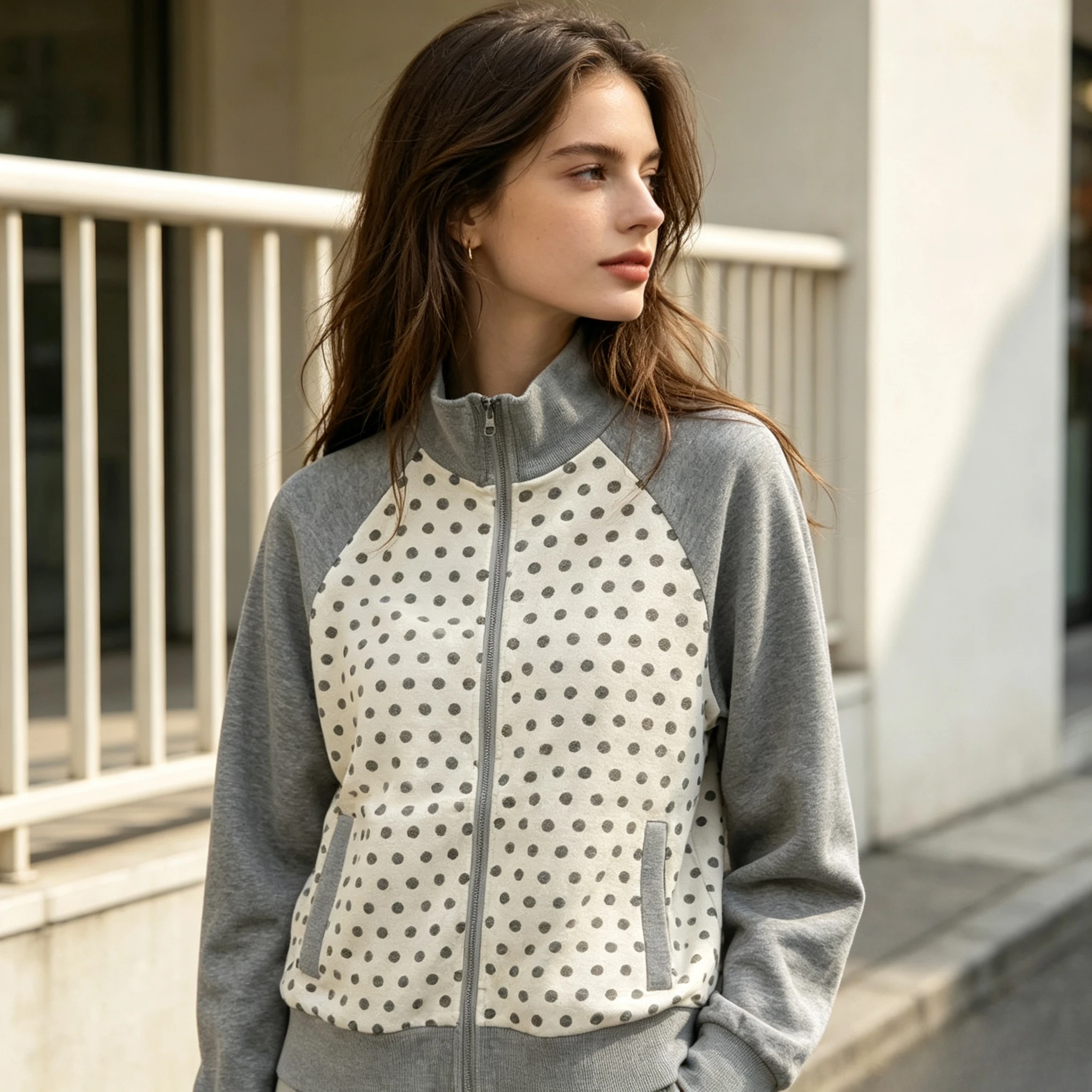 Polka Dot Patchwork Stand Collar Jacket Grey Beige Color Block Full Zip Sweatshirt Outerwear Classic Vintage Top With Pocket