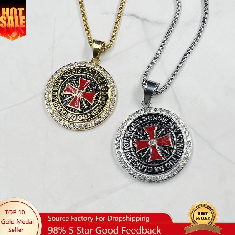 

Hip hop Knights Templar Iron Cross Pendant Necklace Cubic Zirconia Stainless Steel Ordre du Temple for Male Men Rock Jewelry