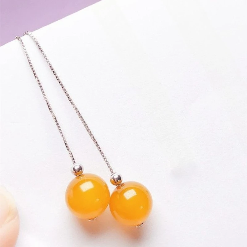 New Yellow Bead Beeswax Amber Earrings, Fashionable and Versatile Earrings.