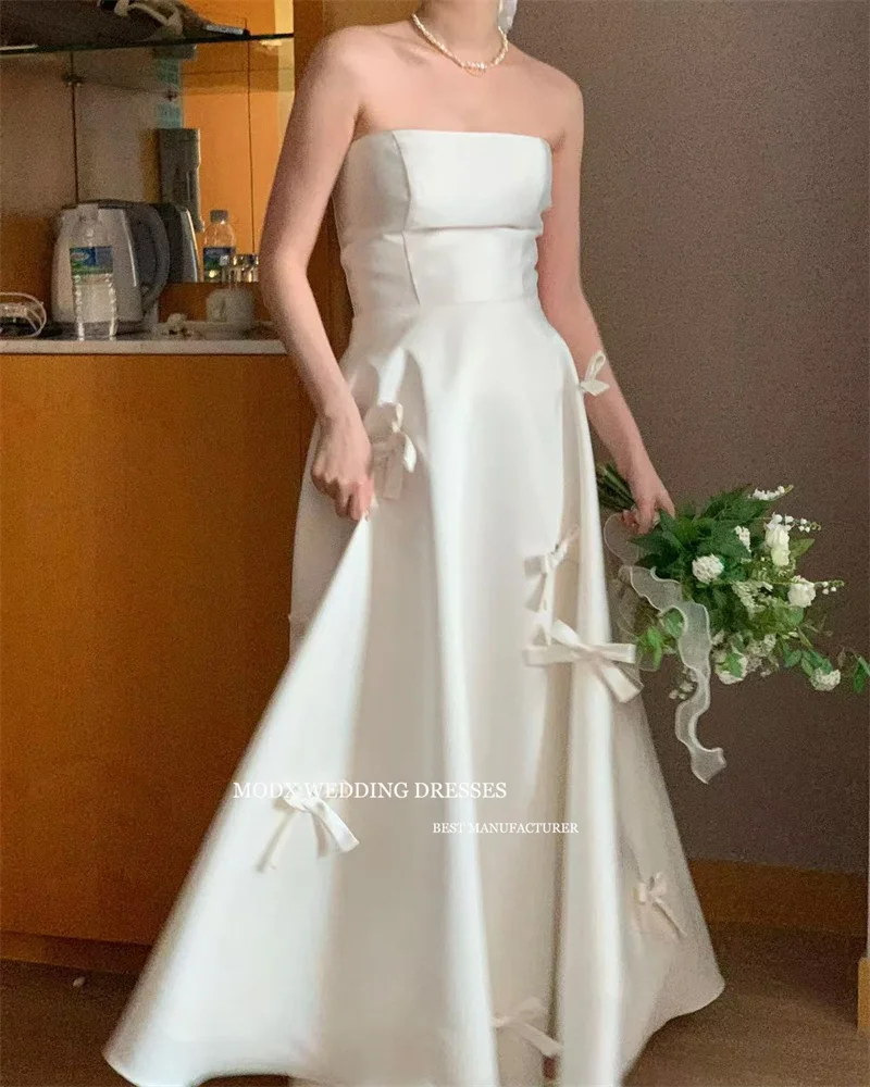 MODX Simple White Wedding Dress A-line Strapless Ribbon Decoration Korean Photography Wedding Formal Bridal Gowns Customized