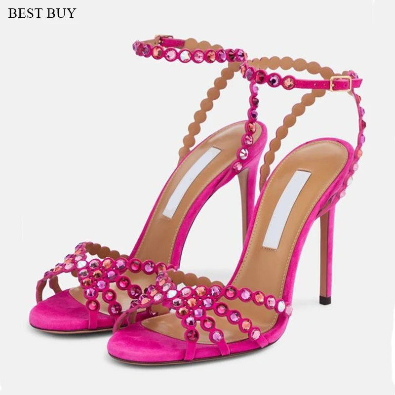 

Crystal Bling Bling Rhinestone embellished Sandals Stiletto Heels Slingback Ankle Strap Shoes Women Peep Toe Wedding Sandals