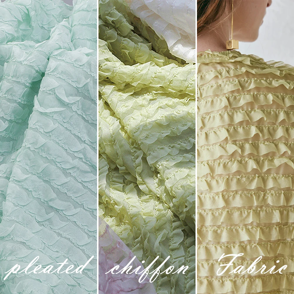 

1 Yard Green & Pink 1.4m 3D Ruffled Chiffon Fabric for Dress Headband DIY