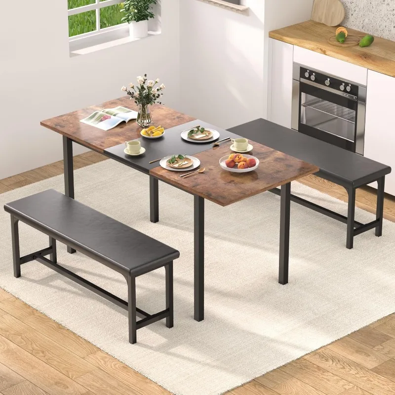 3-Piece 63" Extendable Kitchen Table with Benches/Chairs Modern Breakfast Dinette/Dining Room Set for 4/6/2, Small Space Saving