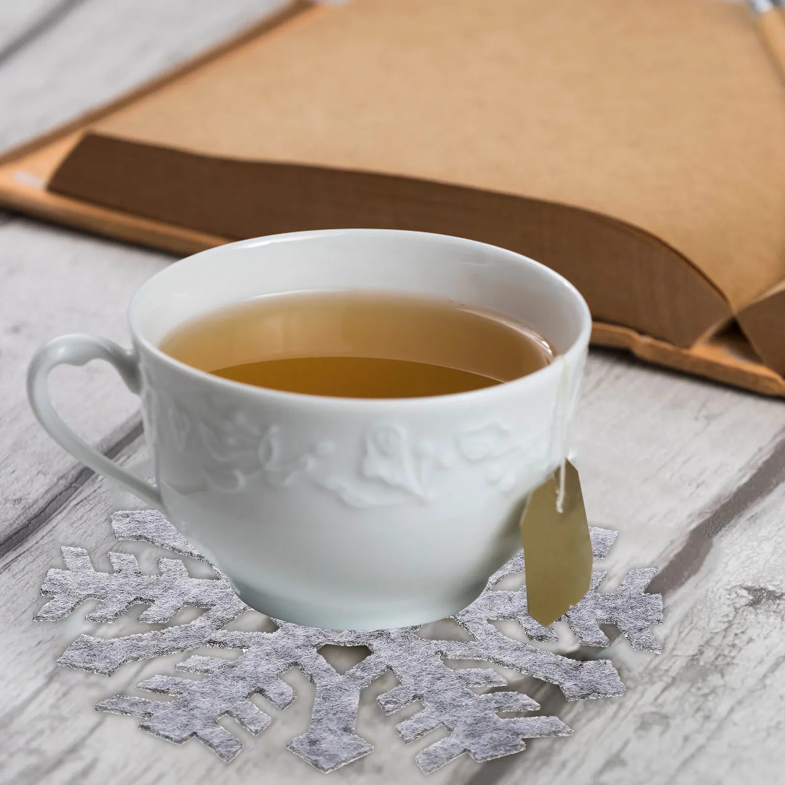 12Pcs Christmas Snowflake Cup Mats Felt Home Coaster Set Elegant Heat Resistant Non Skid Table Protector for Coffee Tea Wine