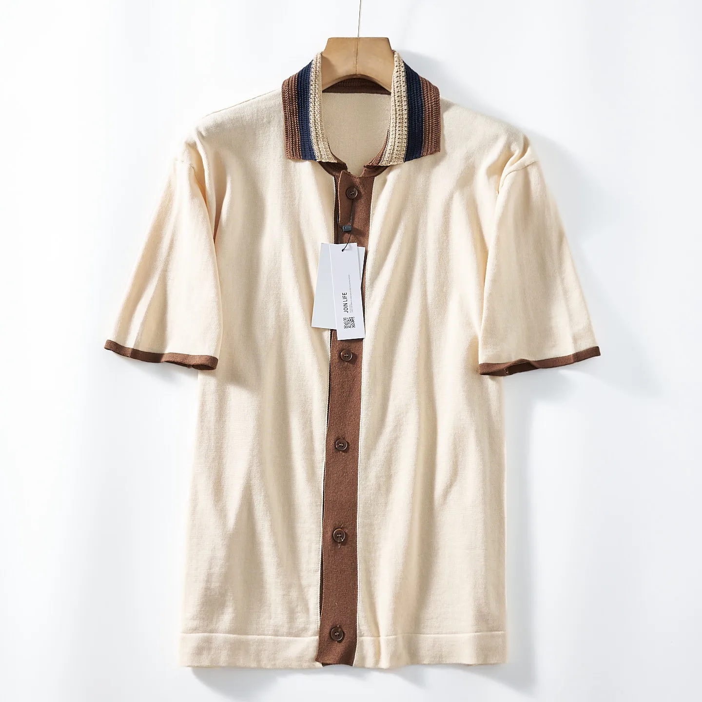406# Spring and Summer New American Retro Short Sleeve Lapel Knitted Solid Color Polo Shirt Men's Fashion Casual Cardigan Tops