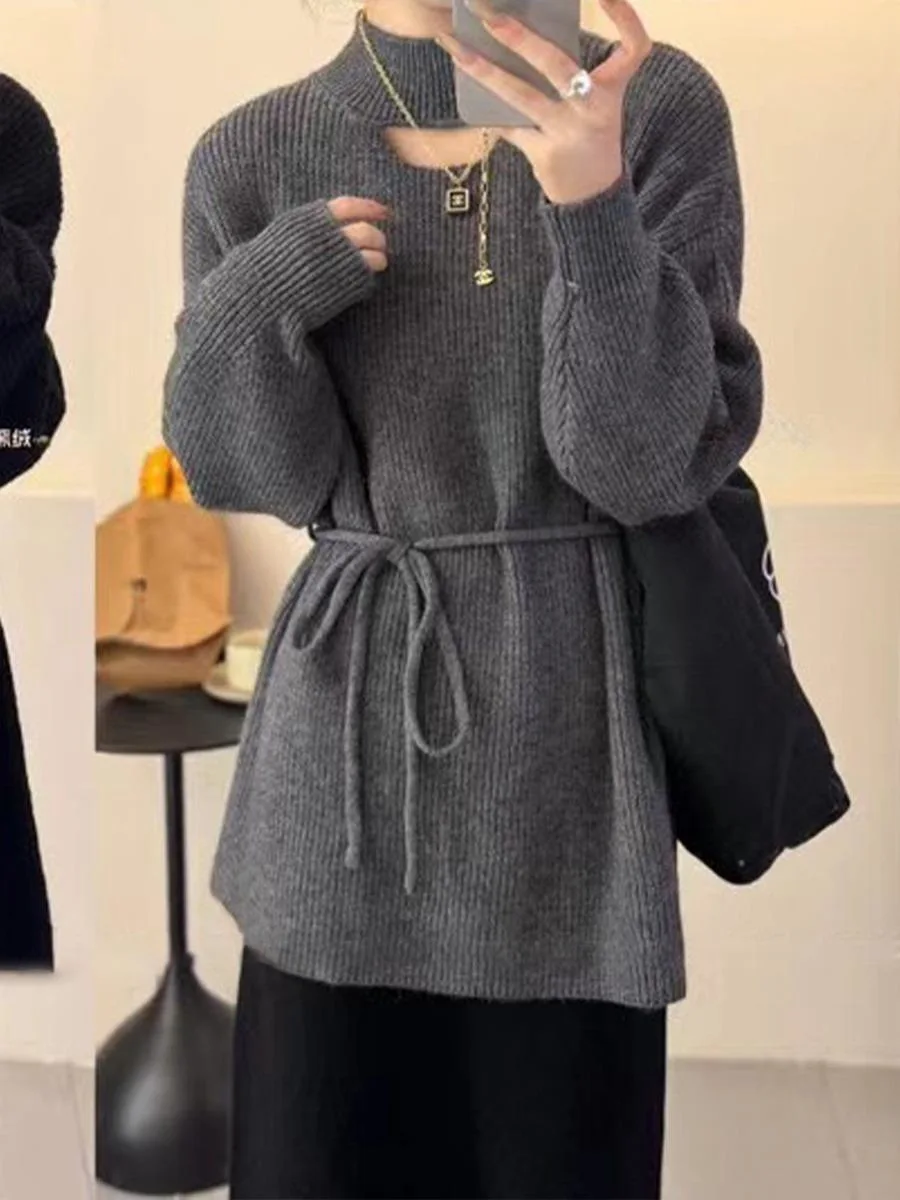 Fashionable New Korean Style Half Polo/turtle Neck Hollow Sweater Women's Medium-length Loose Fit Style Tucking Knitted Top M11