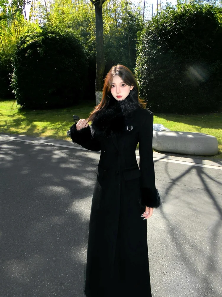 

Strive Elegant plus Size Women's Black Woolen Coat Spring Vintage Missy Shape Outerwear Korean Style Long Sleeve Suit Collar